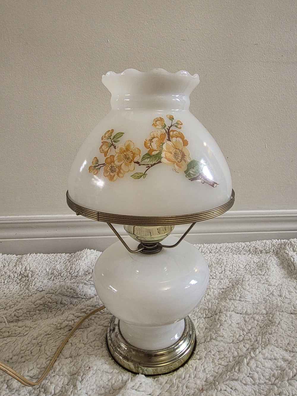 Vintage Milk Glass Hurricane Table Lamp with Floral Shade